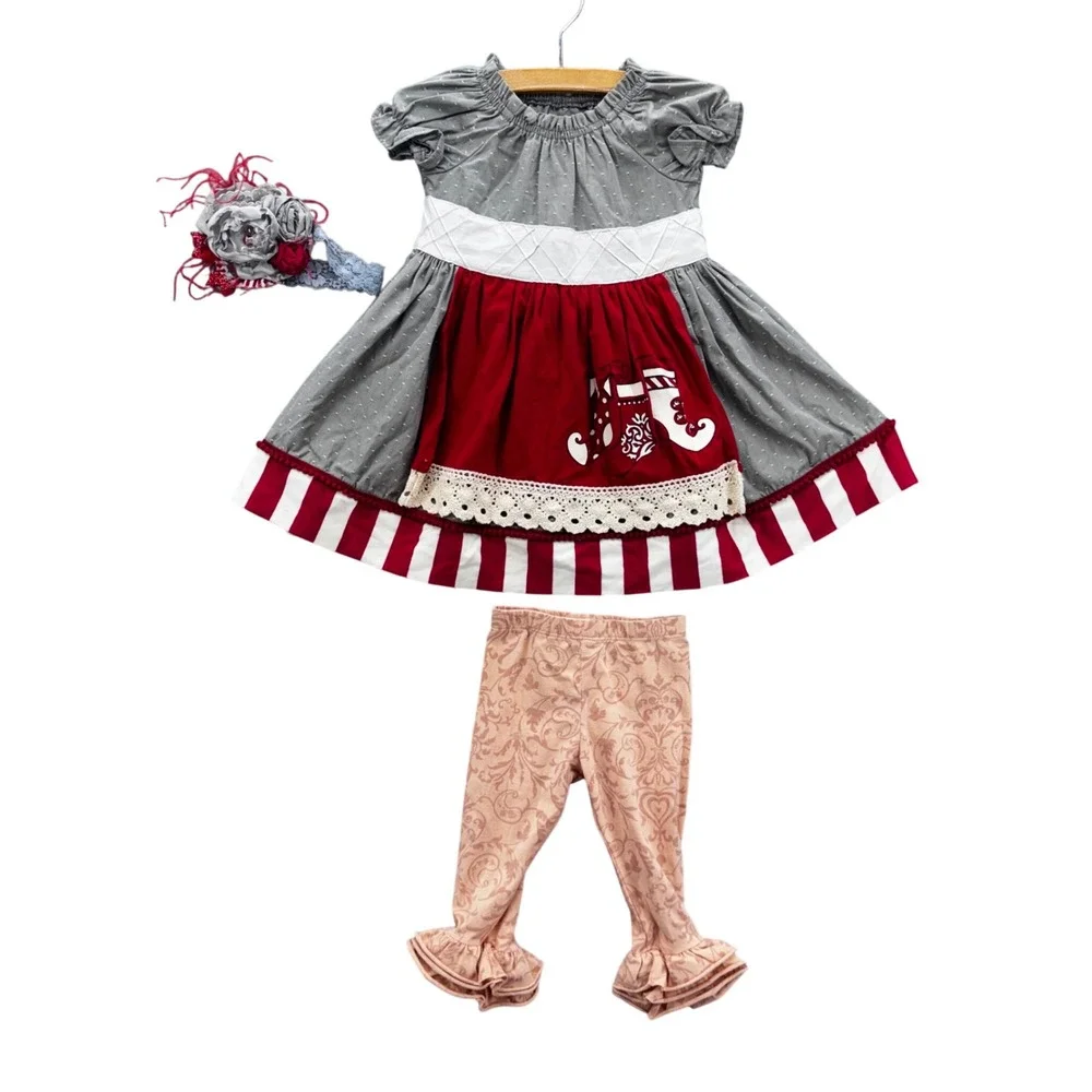 Persnickety Girls Dress Legging Headband Set Size 6-12M Red Christmas Stocking